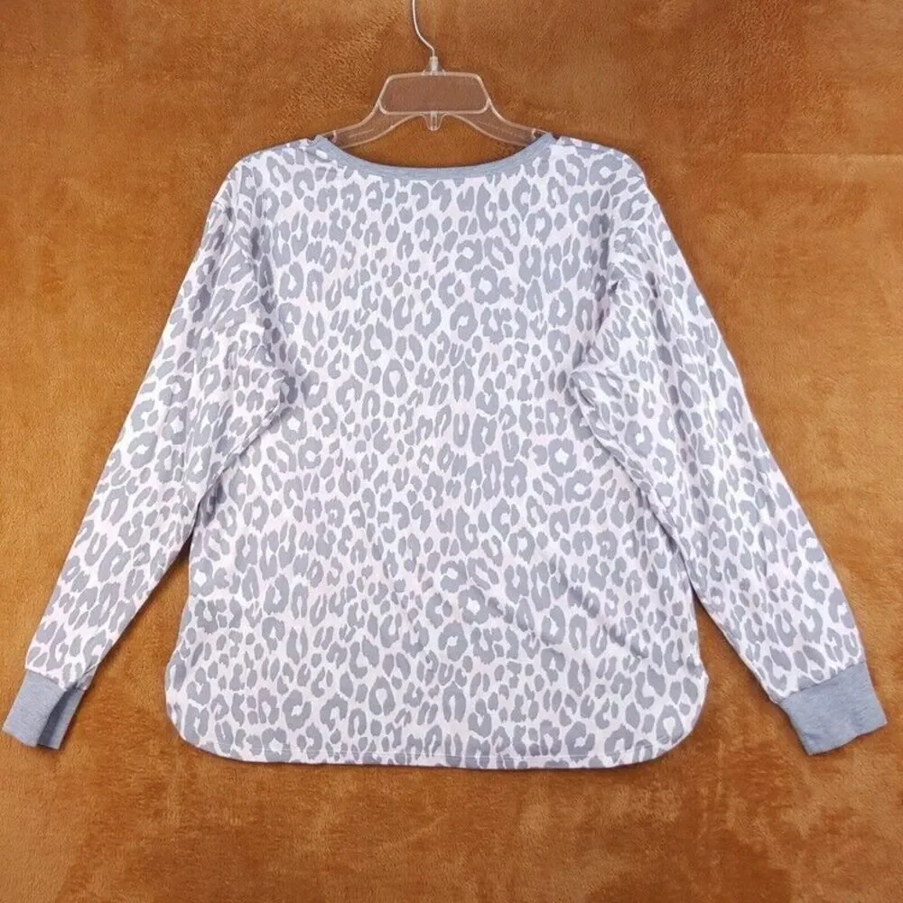 KATE SPADE Womens Sleepwear Medium Gray Leopard Pullover Sleep Shirt Pajama Top